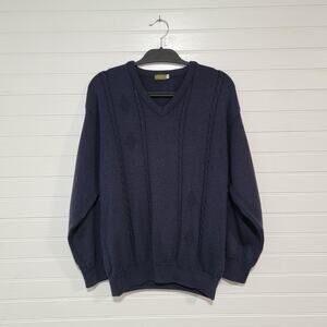 Carraig Don Ireland Wool V Neck Sweater Mens Size Large Argyle Aran Navy Preppy
